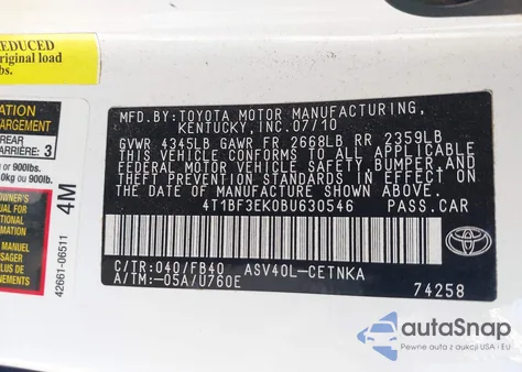 2011 Toyota Camry Le из США, поврежденный, VIN 4T1BF3EK0BU630546